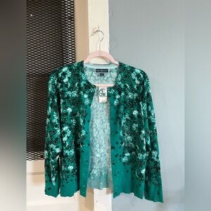 Karen Scott Teal and Black Floral Cardigan